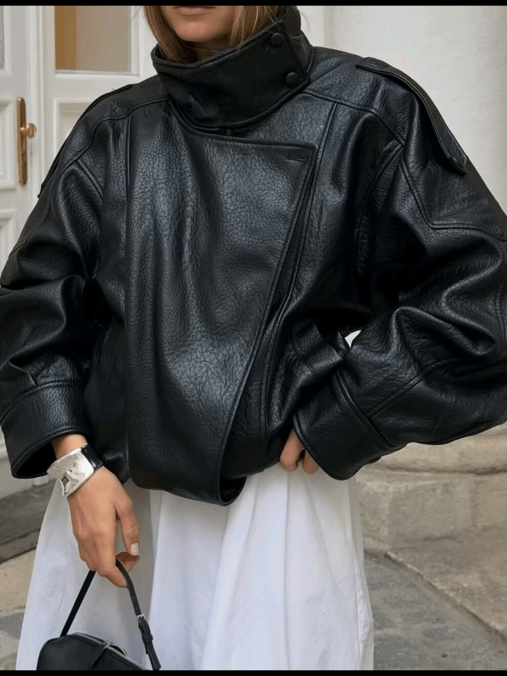 Black Faux Leather Oversized Moto Jacket - Women